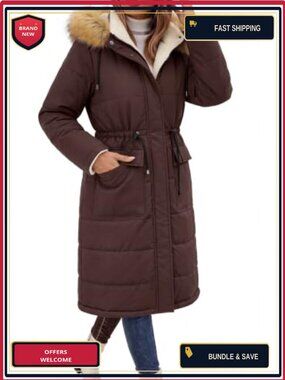Tuopuda Women's Long Puffer Coat Sherpa Lined Detachable Hood Winter